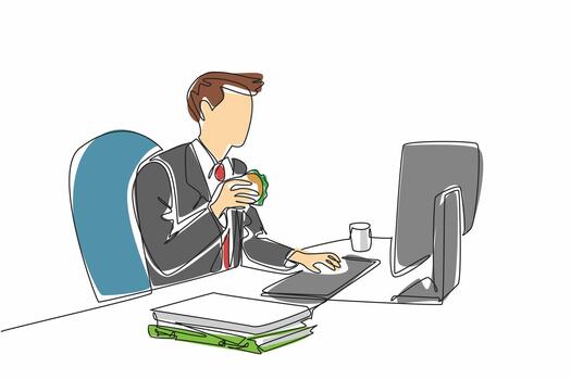 Continuous one line drawing businessman typing on keyboard while holding burger in one hand. Making meeting slides while having breakfast. Deskfast Day. Single line draw design vector