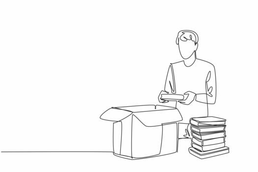 Single one line drawing a man puts a stack of books into a cardboard box. Sorting. Giving the best. Enriching literacy. Reuse. National Donate a Book Day. Continuous line design illustration vector