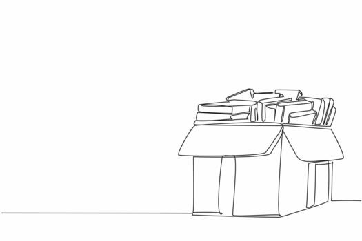 Continuous one line drawing cardboard box containing books. Arranged very neatly before being donated. Share with pleasure. National Donate a Book Day. Single line draw illustration vector