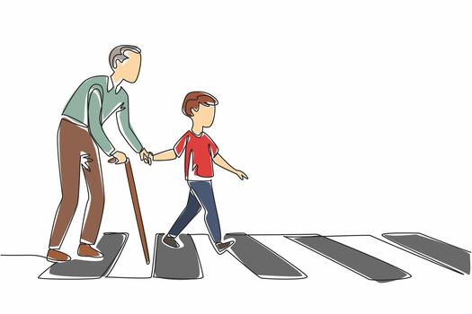 Single continuous line drawing a boy helps a hunchbacked old man with a stick cross the road on a zebra crossing. A real action to inspire all. Good Deeds Day. One line design illustration vector
