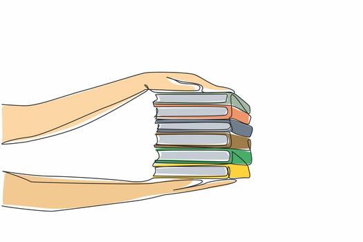 Single continuous line drawing 2 hands holding 6 stacks of books on top and bottom. Giving very politely. Sharing interesting readings. National Donate a Book Day. One line design illustration vector