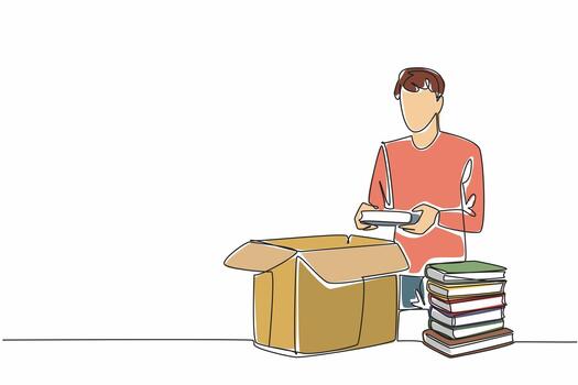 Single one line drawing a man puts a stack of books into a cardboard box. Sorting. Giving the best. Enriching literacy. Reuse. National Donate a Book Day. Continuous line design graphic illustration vector