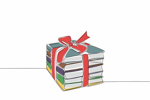 Single one line drawing 5 stacks of books tied with ribbon. Attractively packaged. Providing the best books. Increase knowledge. National Donate a Book Day. Continuous line design graphic illustration vector