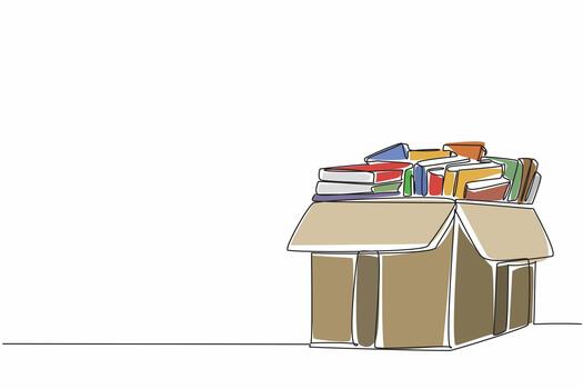 Continuous one line drawing cardboard box containing books. Arranged very neatly before being donated. Share with pleasure. National Donate a Book Day. Single line draw design illustration vector