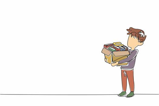 Continuous one line drawing a boy carrying cardboard box containing a pile of books. Packaged to be submitted to reading house. National Donate a Book Day. Single line draw design illustration vector