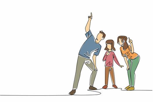 Single continuous line drawing a family gathered as the father pointed upwards. The father showed a beautiful object far up there. Amazing. Look Up at The Sky Day. One line design illustration vector