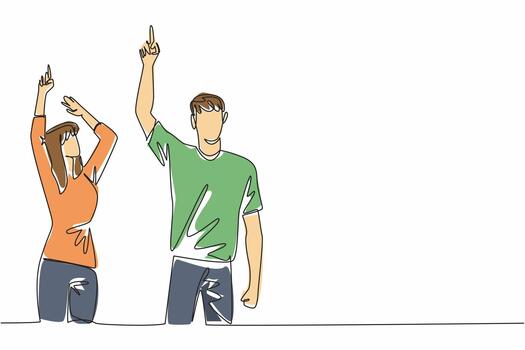 Single one line drawing a woman and a man in casual clothes, their hands pointing upwards. Compete to count the number of stars. Look Up at The Sky Day. Continuous line design graphic illustration vector