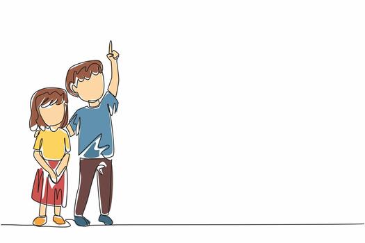 Continuous one line drawing a boy embraces little sister with his hands pointing up. Learn openly from nature. Counting the stars. Look Up at The Sky Day. Single line draw design illustration vector