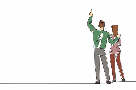 Single one line drawing rear view, a man in casual clothes embracing a woman with his hand pointing upwards. The aurora in awe. Look Up at The Sky Day. Continuous line design graphic illustration vector