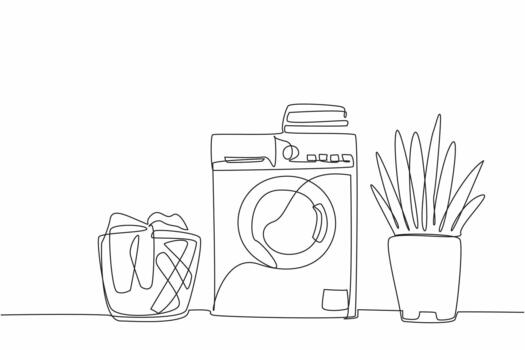 Single continuous line drawing on top of the washing machine there is a pile of folded clothes. A layout of the room in the laundry room. National Laundry Day. One line design illustration vector