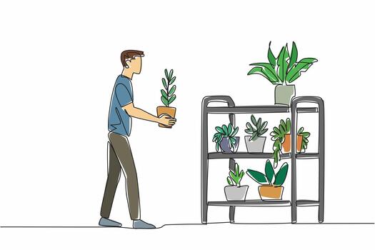 Single one line drawing man lifts pot and wants to put it on pot rack full of plants. Process of separating plants after selection. National Gardening Day. Continuous line design graphic illustration vector
