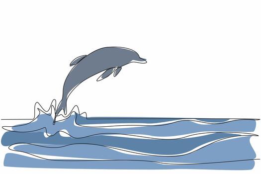 Single one line drawing a dolphin jumping on the surface of the sea. The activity of telling others not to get separated. Habits. National Dolphin Day. Continuous line design graphic illustration vector