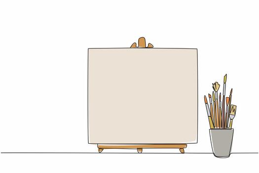 Single one line drawing paint brushes in paint brush container with painting canvas. A blank canvas will soon be painted with amazing art. World Art Day. Continuous line design graphic illustration vector