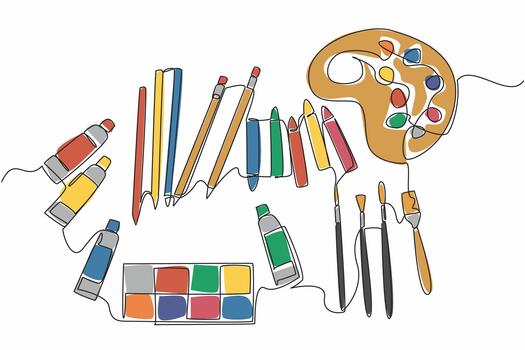 Single continuous line drawing some of the painting tools needed have been collected. Pouring interesting ideas or thoughts into paintings on canvas. World Art Day. One line design illustration vector