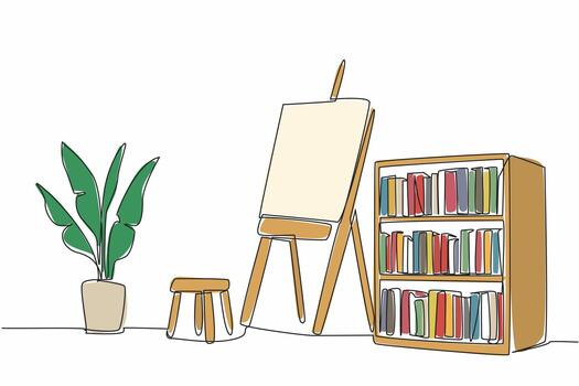 Continuous one line drawing a corner of a room in a painting studio. A place to channel the hobby of creating charming paintings. The craft. World Art Day. Single line draw design illustration vector