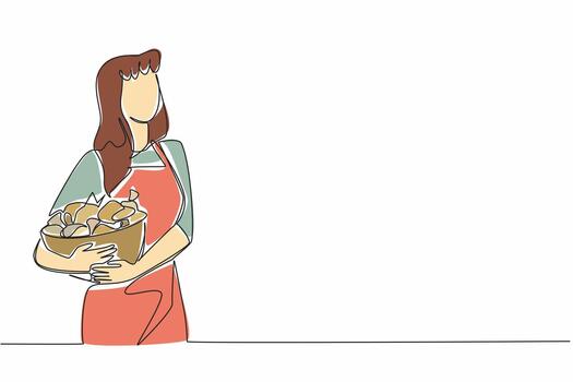 Single continuous line drawing female farmer wearing an apron hugging a wicker basket filled with piles of mushrooms. A happy harvest time. Day of the Mushroom. One line design illustration vector