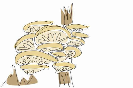 Single one line drawing oyster mushroom on a large tree trunk. Mushrooms with many benefits. Maintain heart health. Easy cultivation. Day of the Mushroom. Continuous line design graphic illustration vector