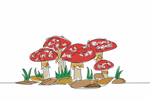 Continuous one line drawing 5 amanita muscaria mushrooms among leaves and grass. Mushrooms that are poisonous and cannot be consumed. Day of the Mushroom. Single line draw design illustration vector