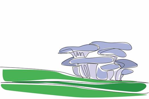 Continuous one line drawing blue hat oyster mushroom on mossy tree trunk. As additional ingredient in cooking. Adding flavor to broth. Day of the Mushroom. Single line draw design illustration vector