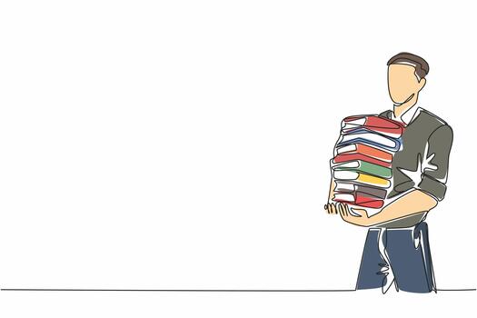 Continuous one line drawing a man in casual clothes carrying a stack of books as high as his neck. Donate new books to the library. National Librarian Day. Single line draw design illustration vector