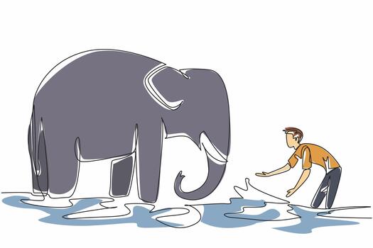 Single one line drawing a man is playing while watering an adult elephant. A zookeeper who knows the ins and outs of animals. Caring. Save The Elephant Day. Continuous line design graphic illustration vector