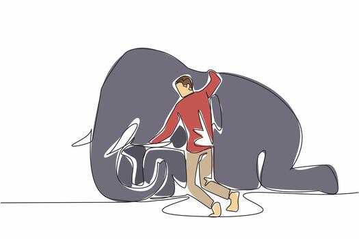 Single one line drawing a man hugging neck of sitting elephant. Expressions of affection before released into their natural habitat. Save The Elephant Day. Continuous line design graphic illustration vector