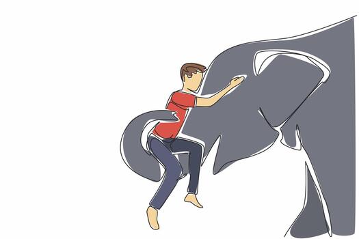 Single continuous line drawing an elephant is lifting a man with its trunk. An expression gratitude of animal to humans. Caring. Affection. Save The Elephant Day. One line design illustration vector