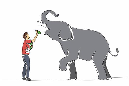 Continuous one line drawing a man stands in front of an elephant while putting food into the mouth of elephant. Feeding carefully. Save The Elephant Day. Single line draw design illustration vector