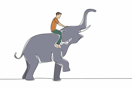 Continuous one line drawing a man sitting on standing elephant. Riding elephant to be taken back to the enclosure. Grooming routine. Save The Elephant Day. Single line draw design illustration vector