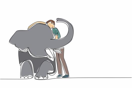 Single one line drawing man in casual clothes standing while hugging sitting elephant. Zookeeper. Taking care of animals with care. Save The Elephant Day. Continuous line design graphic illustration vector