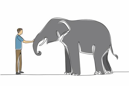Continuous one line drawing a man in casual clothes standing in front of an elephant and stroking its trunk. Caring with affection. Save The Elephant Day. Single line draw design illustration vector