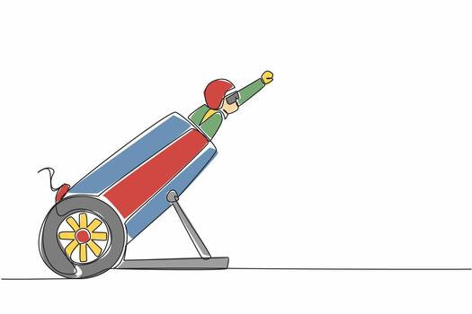 Single continuous line drawing the circus performers inside the cannon wear helmets and put their hands forward. Fun and also a test of courage. World Circus Day. One line design illustration vector