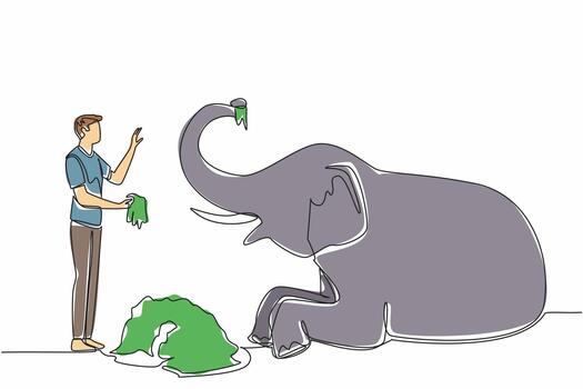 Single continuous line drawing a man standing in front of a sitting elephant holding a pile of grass. Feeding the best quality grass. Care. Save The Elephant Day. One line design illustration vector