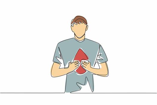 Single continuous line drawing a man holds drops of blood with both hands while pointing forward. Like a public service announcement. Concern. World Hemophilia Day. One line design illustration vector