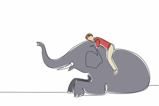 Single continuous line drawing a man lying on the back of an elephant who is sitting and hugging his neck. An exhausted zookeeper. Loving. Save The Elephant Day. One line design illustration vector