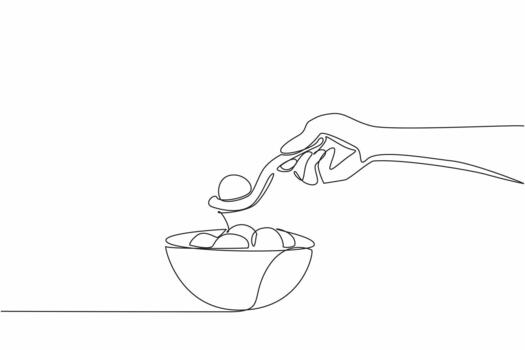 Single continuous line drawing hand scooping a rice ball using a duck spoon. Feed into the mouth. More sterile without touching hands. National Rice Ball Day. One line illustration vector