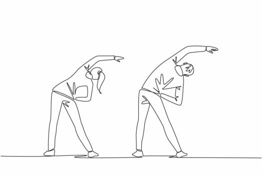 Single continuous line drawing young couple wearing running jackets doing exercise. Burning calories faster and more. Healthy activities. National Exercise Day. One line design vector