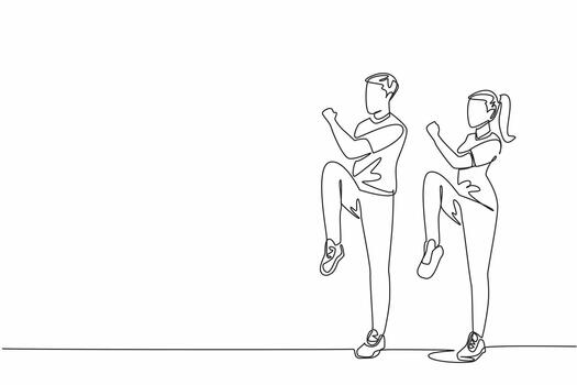 Continuous one line drawing young couple doing aerobics. Doing twist knees to elbow exercise. Sweating it out on a sunny weekend. National Exercise Day. Single line draw design vector