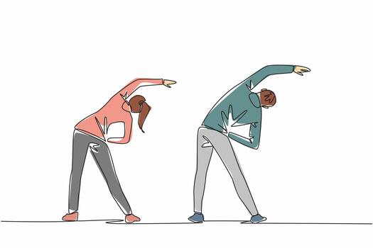 Single continuous line drawing young couple wearing running jackets doing exercise. Burning calories faster and more. Healthy activities. National Exercise Day. One line design illustration vector