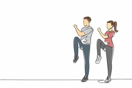 Continuous one line drawing young couple doing aerobics. Doing twist knees to elbow exercise. Sweating it out on a sunny weekend. National Exercise Day. Single line draw design illustration vector