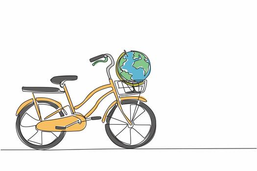 Single one line drawing mini bike with a globe in the front basket. An iconic symbol. Bicycles can make the earth healthier without pollution. Bicycle Day. Continuous line design graphic illustration vector