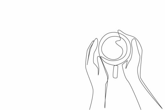 Continuous one line drawing two hands holding a cup of warm tea. Morning and evening routine. Restore a better mood. Calming the mind. National Tea Day. Single line draw illustration vector