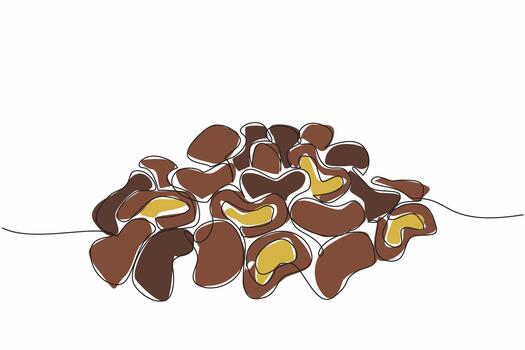 Single continuous line drawing stack of chocolate filled with cashew. a chocolate snack that is very calming to the mind. National Chocolate Covered Cashews Day. One line design vector