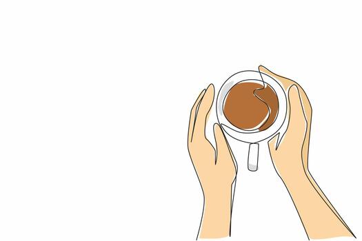 Continuous one line drawing two hands holding a cup of warm tea. Morning and evening routine. Restore a better mood. Calming the mind. National Tea Day. Single line draw design illustration vector