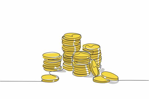 Single continuous line drawing the stacks of coins of varying heights. Gold coin money. Financial readiness is still inadequate. Different abilities. Coin Week. One line design vector