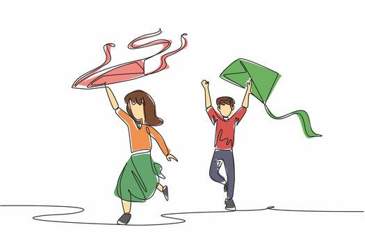 Single continuous line drawing a boy and a girl run while holding a kite. Flying a kite by running. Flying in classic style. Outdoor games. Go Fly a Kite Day. One line design vector