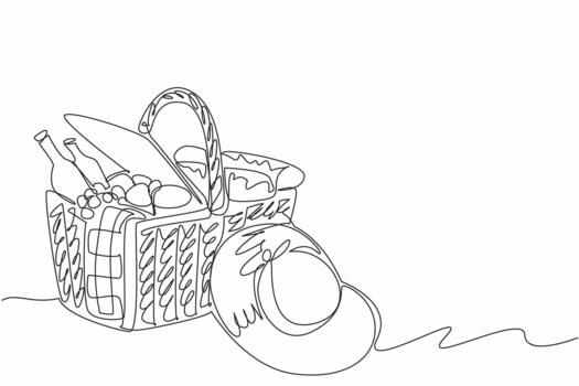 Single continuous line drawing picnic basket made of rattan filled with snacks, fruits. Thorough preparation makes the picnic more enjoyable. National Picnic Day. One line design vector