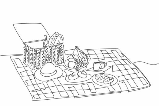 Continuous one line drawing red and white checkered mat and rattan picnic basket. Spending spring with fun things. A unique picnic. National Picnic Day. Single line draw illustration vector