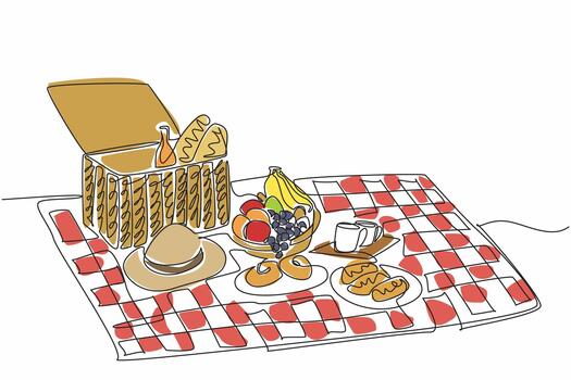 Continuous one line drawing red and white checkered mat and rattan picnic basket. Spending spring with fun things. A unique picnic. National Picnic Day. Single line draw design illustration vector