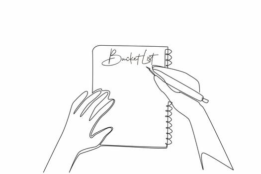 Continuous one line drawing hand holding a pen and writing in a notebook. Designing targets for the future. Writing down dreams. National Bucket List Day. Single line draw design vector